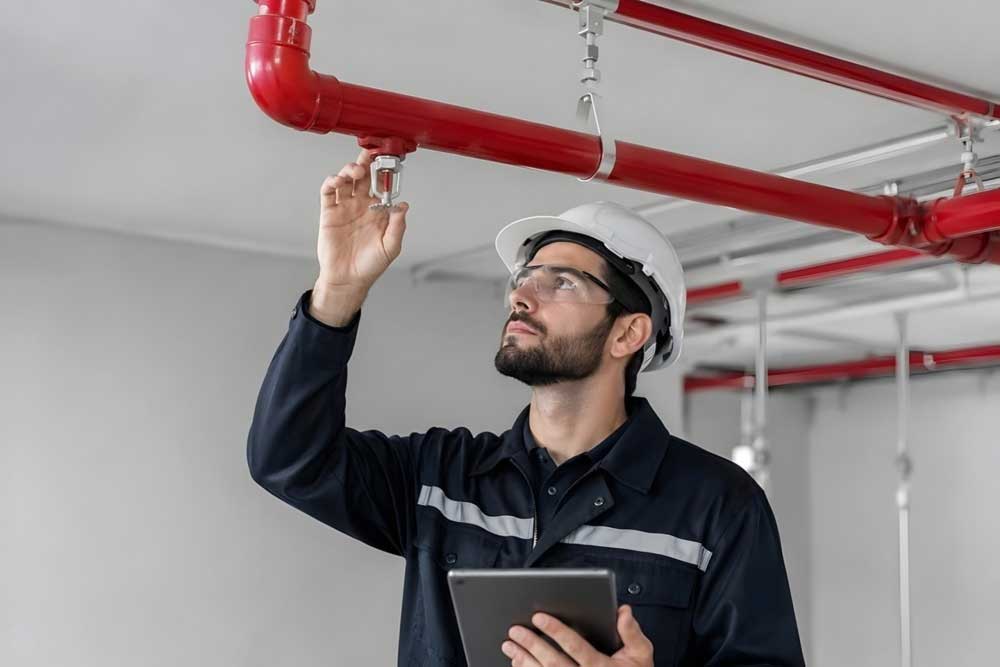 Technician with a tablet inspecting red fire sprinkler piping on a ceiling