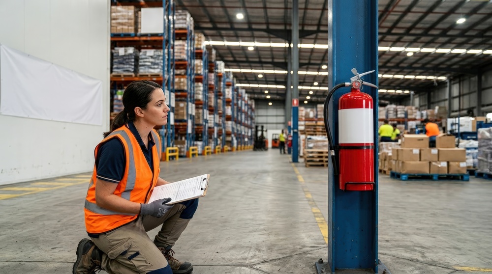 Woman in a safety vest kneeling with a clipboard in a warehouse