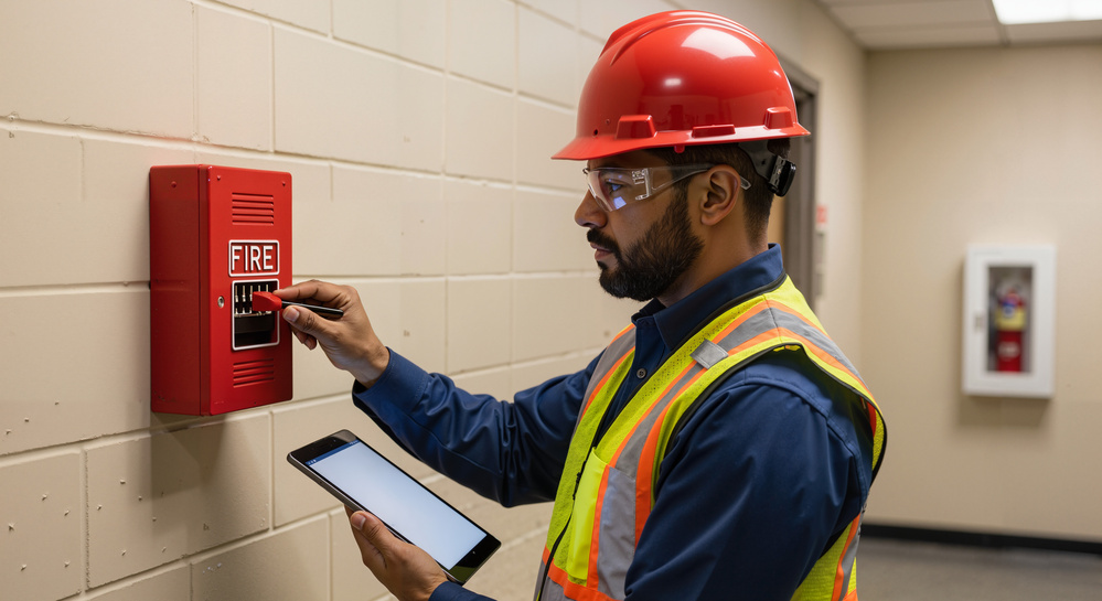 Safety inspector with a tablet checking a wall-mounted fire alarm pull station