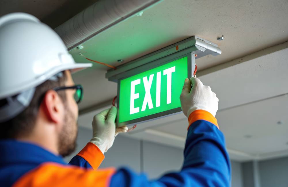 Technician in a hard hat installing a green exit sign