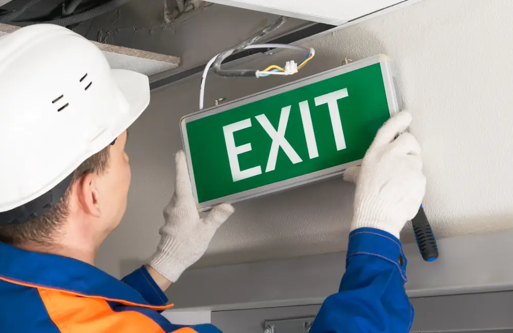 Technician installing a green illuminated exit sign