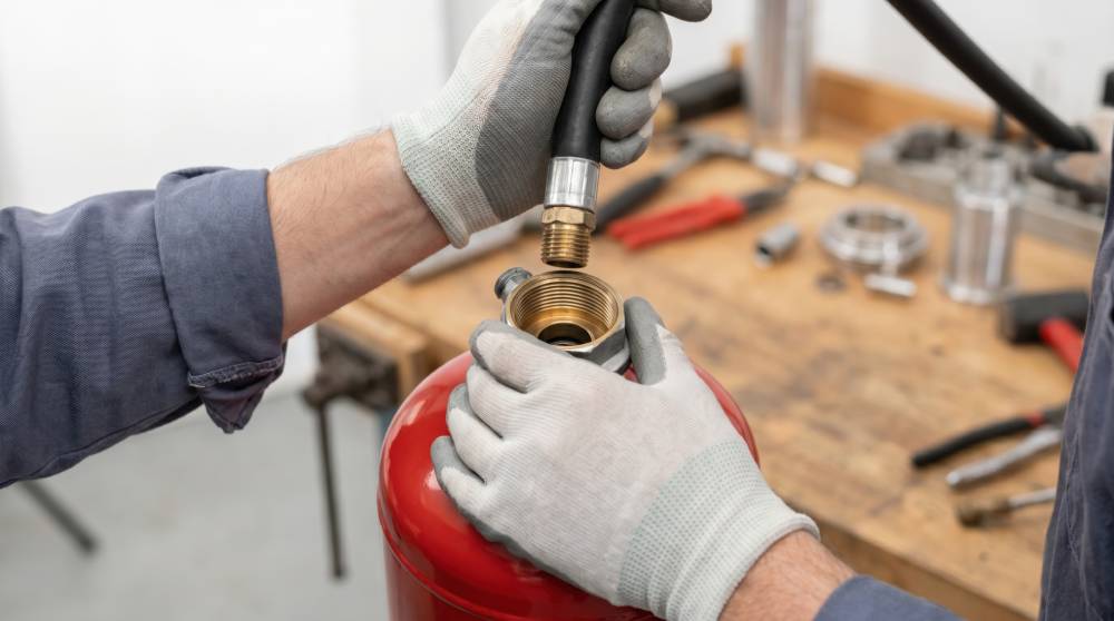 Gloved hands servicing a fire extinguisher valve