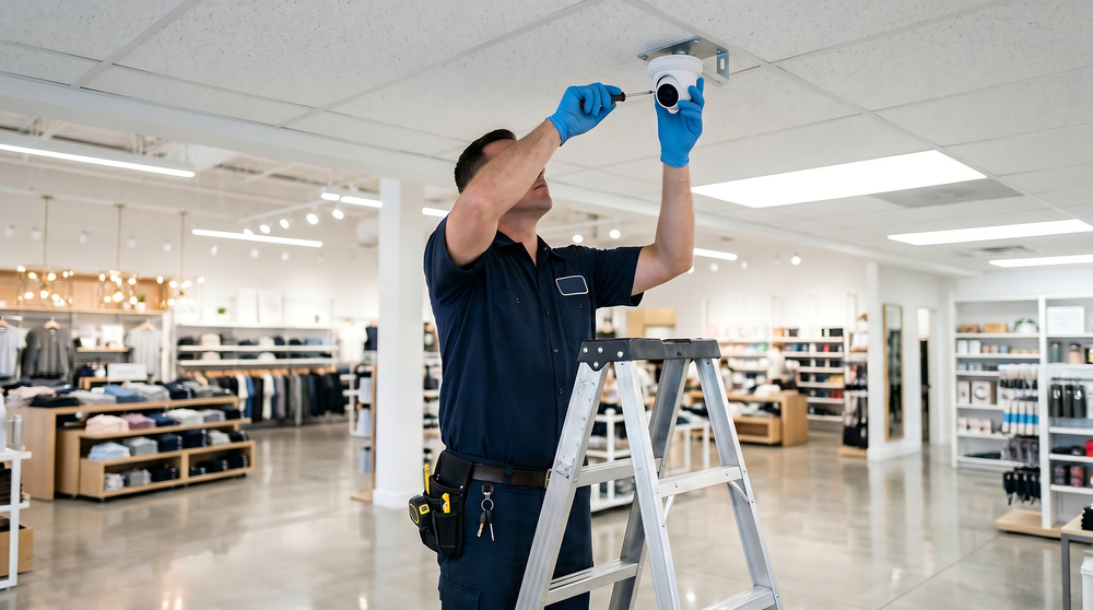 Technician on a stepladder installing a security camera in a retail store