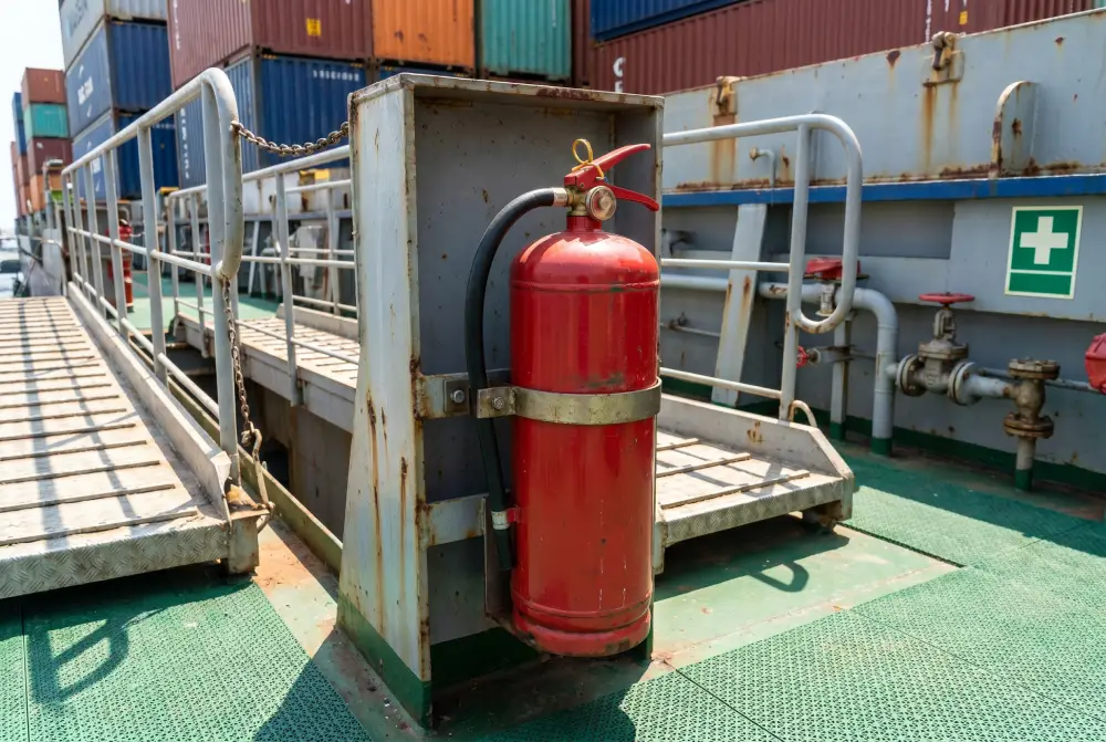 Fire extinguisher mounted on a ship deck