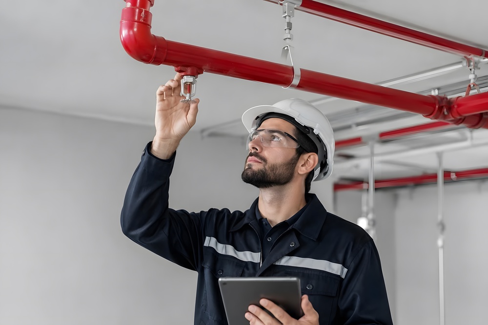 Worker in a hard hat with a tablet inspecting fire sprinkler piping