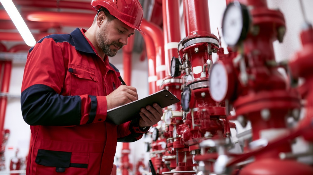 Engineer with a clipboard inspecting fire sprinkler valves