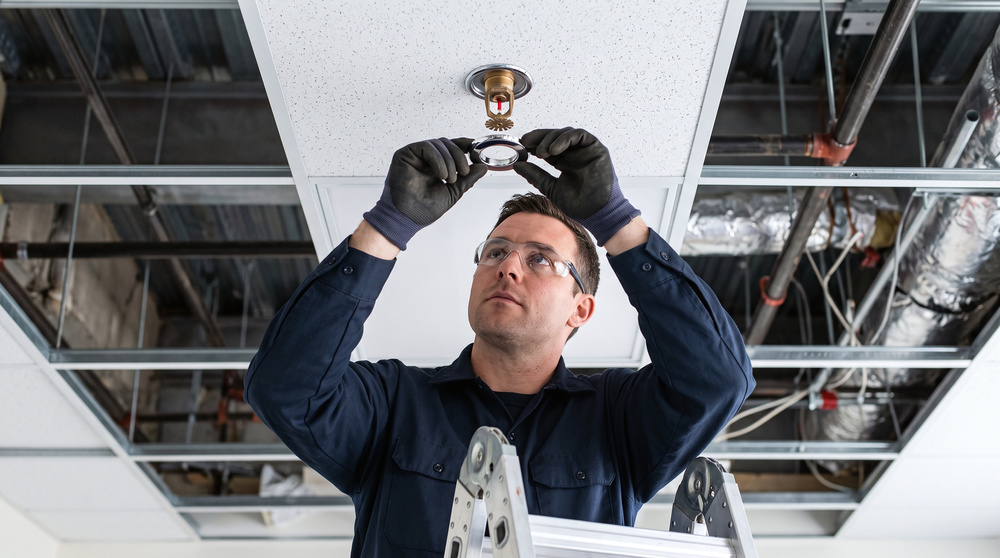 Technician installing a ceiling fire sprinkler head