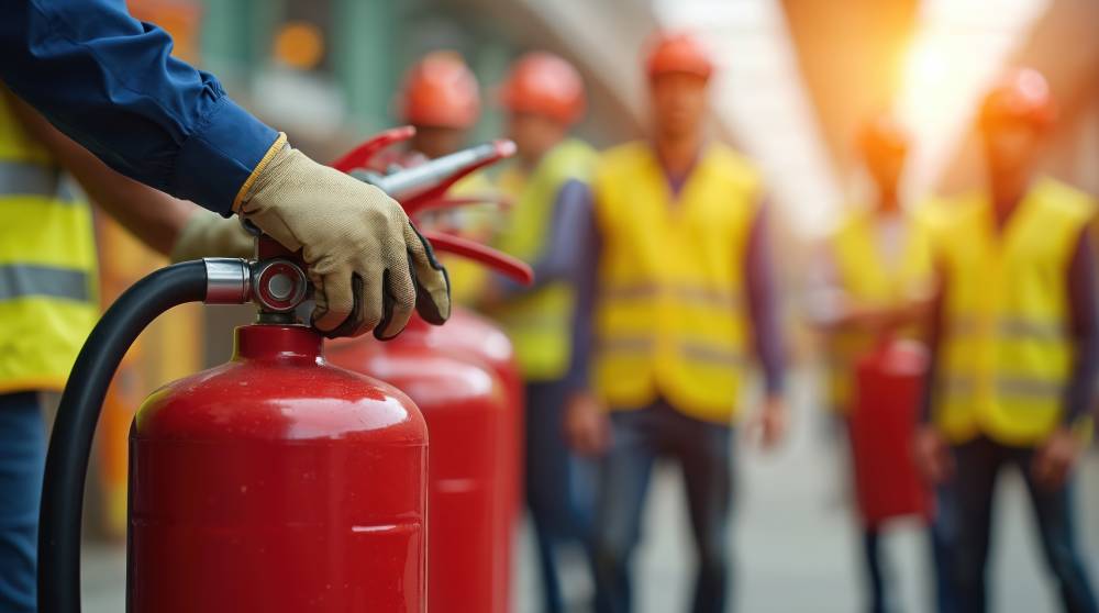 Instructor demonstrating a fire extinguisher to workers in safety vests