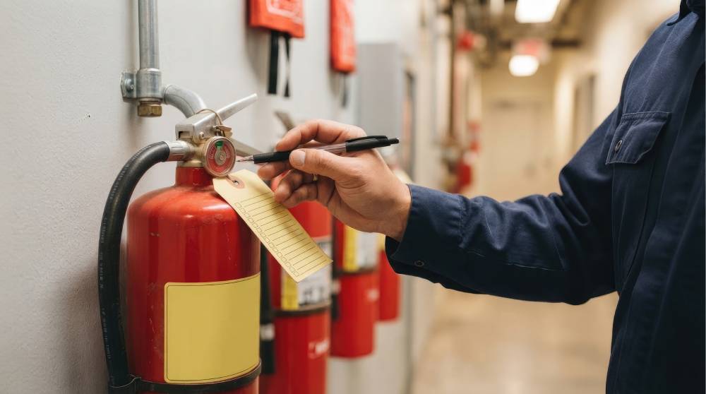 Technician tagging fire extinguishers during an inspection
