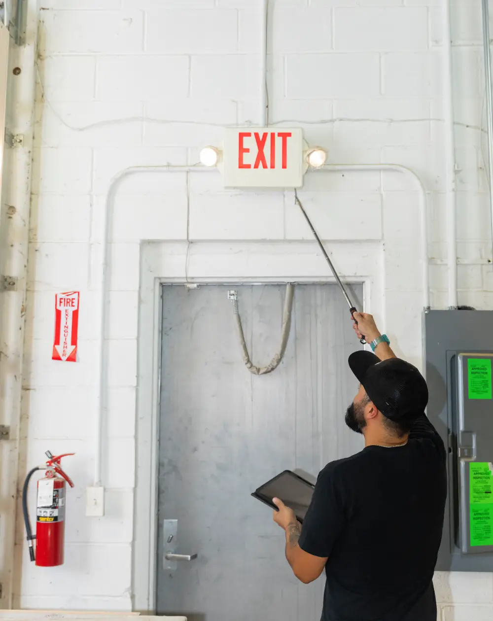 Technician testing an exit sign above a doorway
