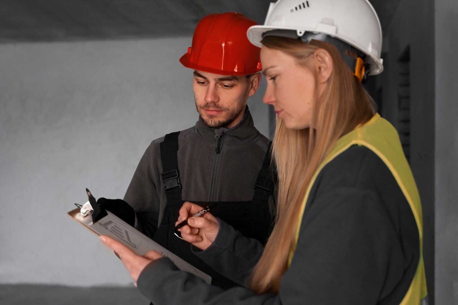Two technicians in hard hats reviewing a clipboard
