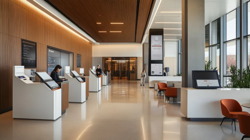 Modern office lobby with reception desks