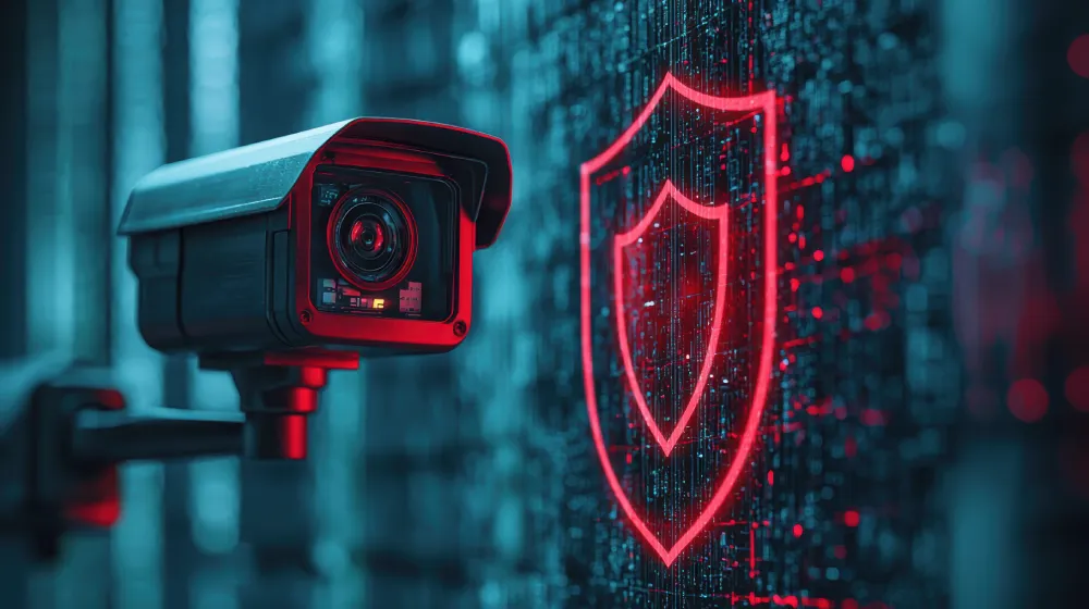 Security camera beside a glowing red digital shield