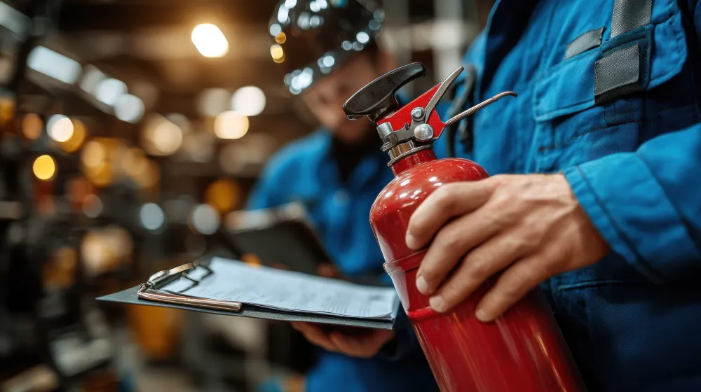 Technician with a clipboard inspecting a red fire extinguisher