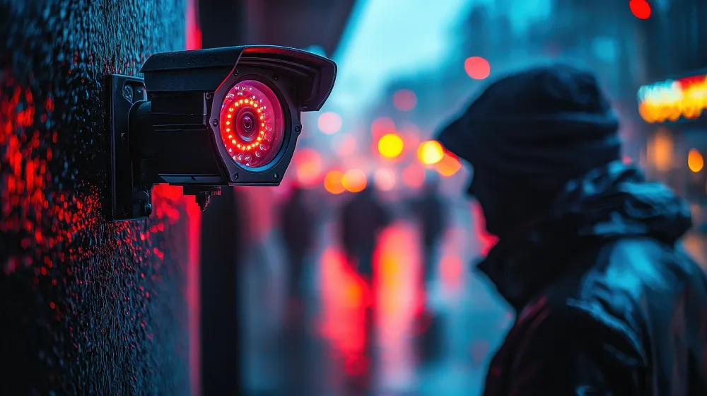 Security camera watching a hooded figure on a city street