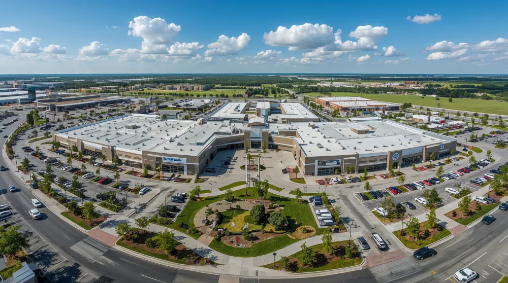 Aerial view of a large commercial shopping center