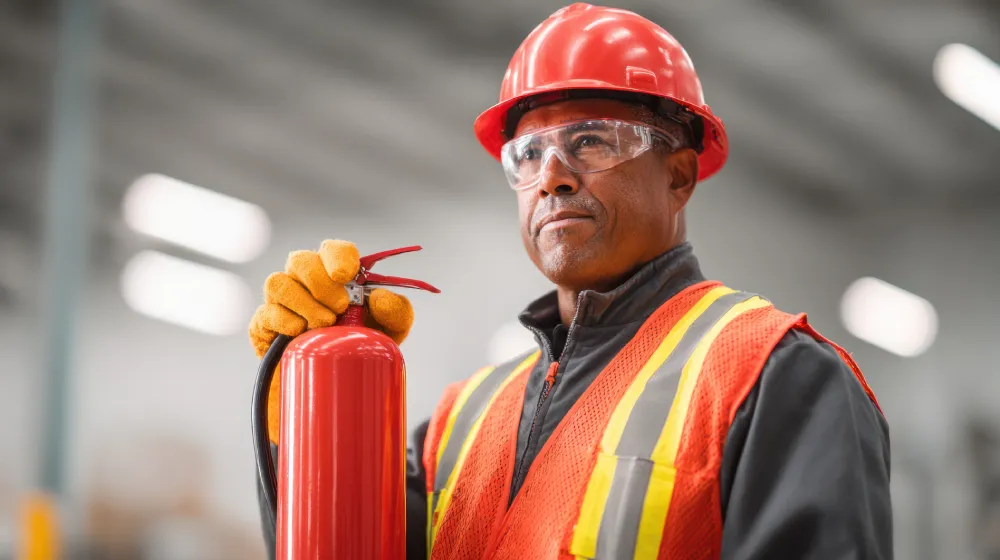 Worker in a hard hat and safety vest holding a fire extinguisher