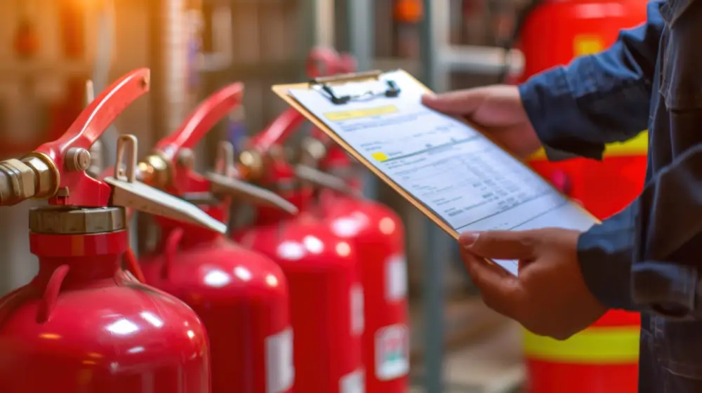 Inspector with a clipboard checking a row of fire extinguishers