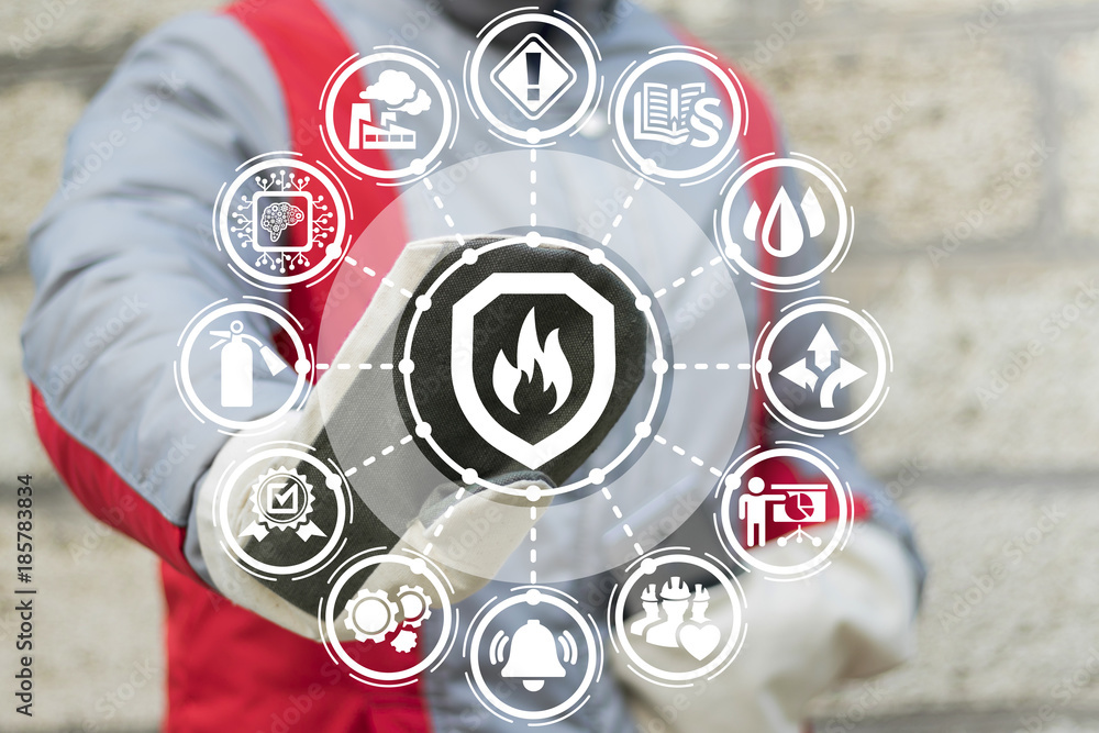 Hand holding a digital fire safety icon surrounded by safety symbols