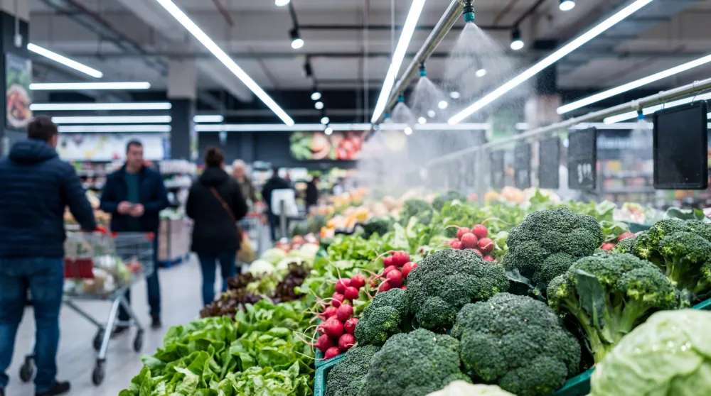 Shoppers in a grocery store produce section