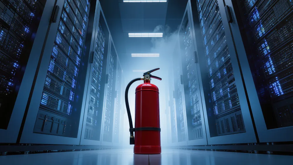 Fire extinguisher in a data center aisle