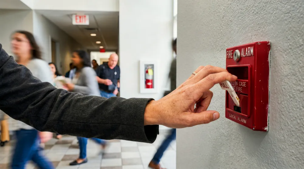 Hand pulling a fire alarm pull station as people evacuate a hallway