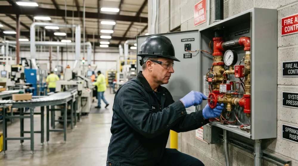 Technician servicing a fire alarm control panel in a manufacturing plant