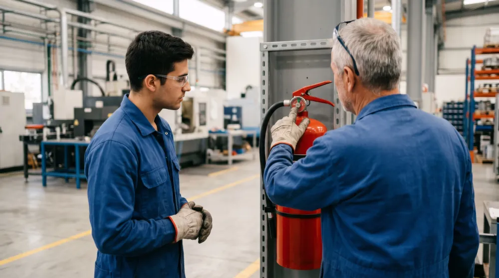 Two workers talking beside a fire extinguisher in a manufacturing plant