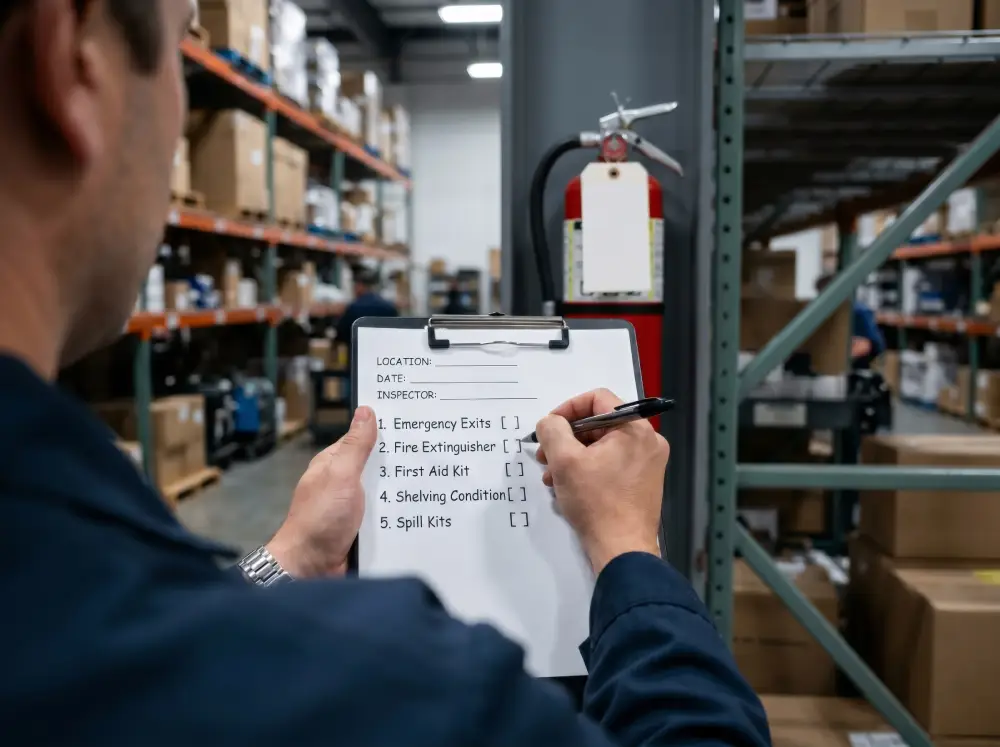 Inspector completing a checklist beside a fire extinguisher in a warehouse