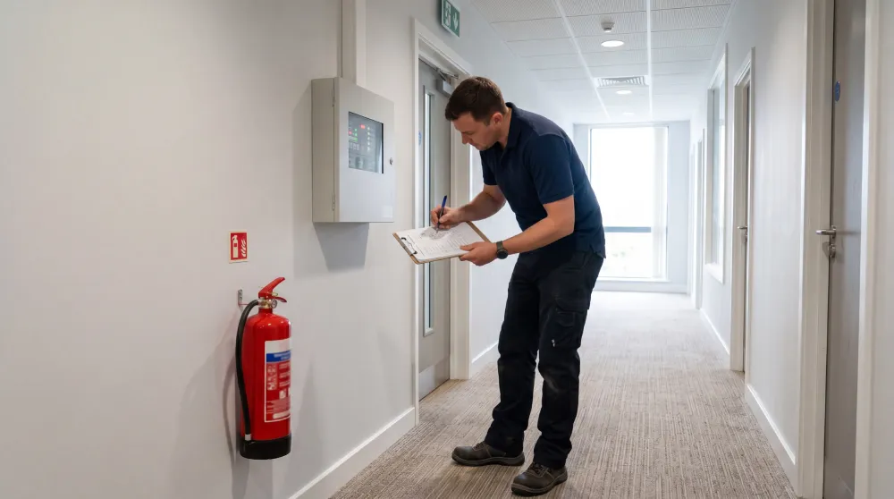 Technician checking a fire extinguisher in a hallway