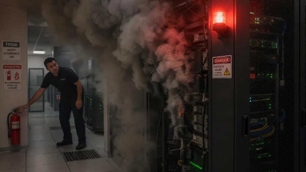 Smoke filling a server room under a red alarm light