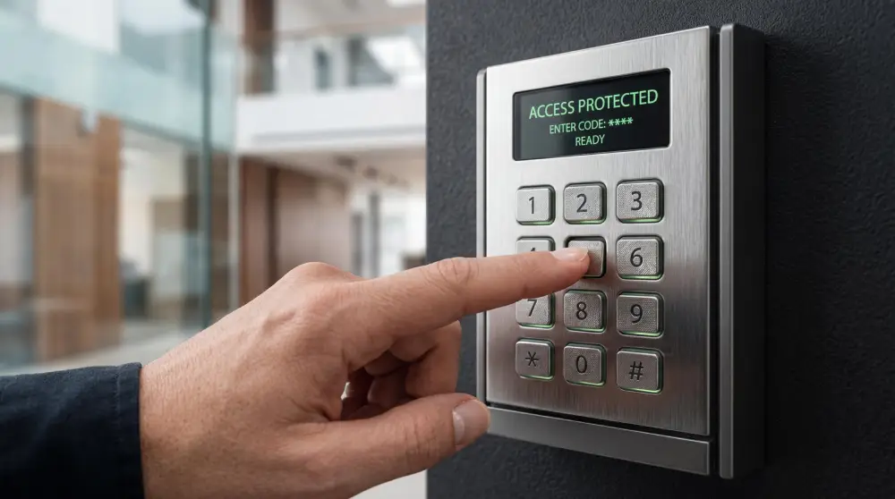 Finger entering a code on an access control keypad