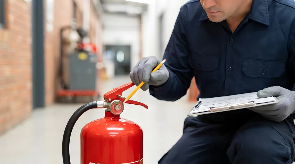 Technician inspecting a fire extinguisher with a clipboard