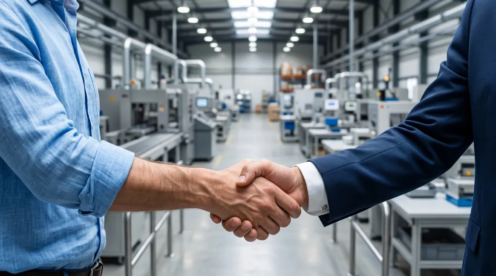 Two professionals shaking hands in a manufacturing facility