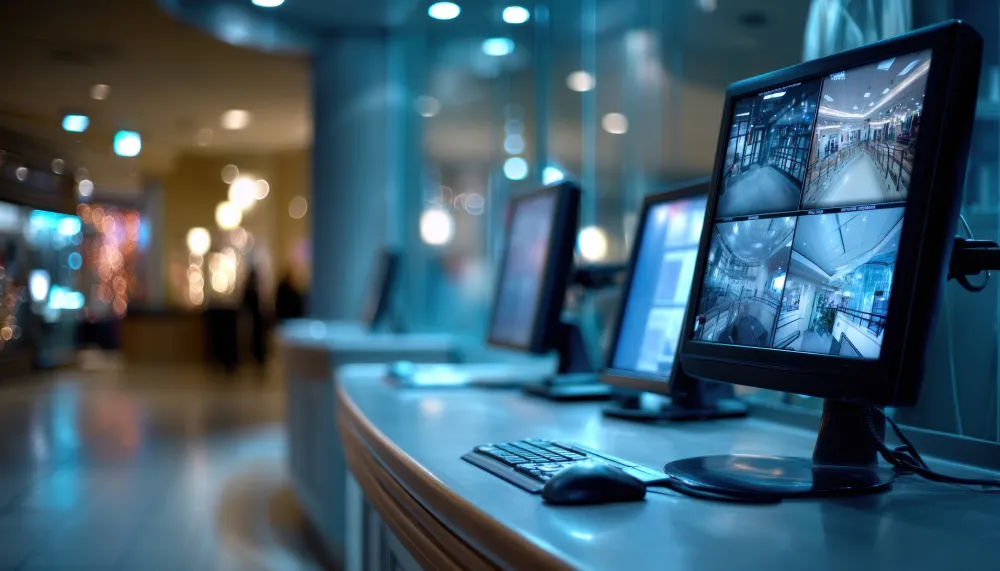 Security monitors displaying camera feeds at a front desk
