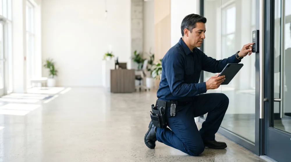 Technician installing an access control reader on a glass door