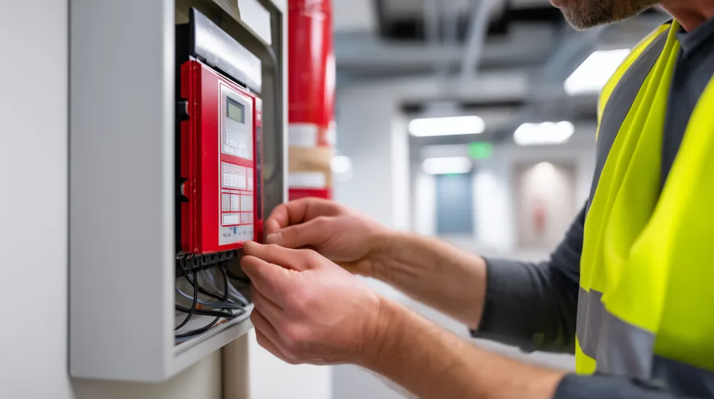 Technician in a safety vest testing a fire alarm panel