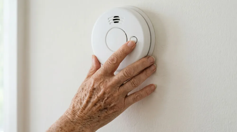 Hand pressing the test button on a wall-mounted smoke detector