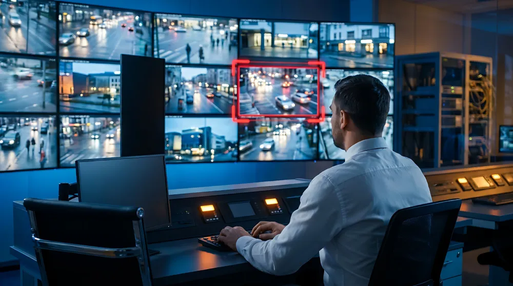 Security operator monitoring a video wall of camera feeds
