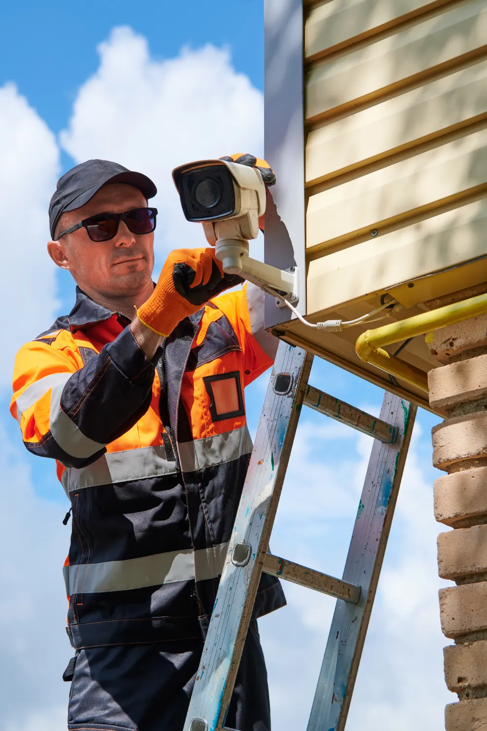 Technician on a ladder installing an outdoor security camera