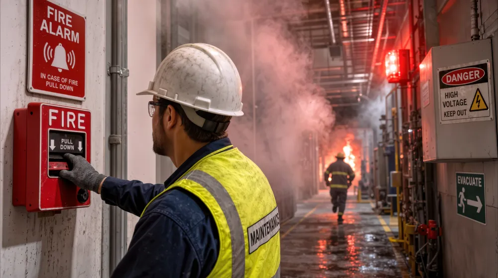 Technician in a hard hat operating a fire alarm panel in a smoke-filled facility
