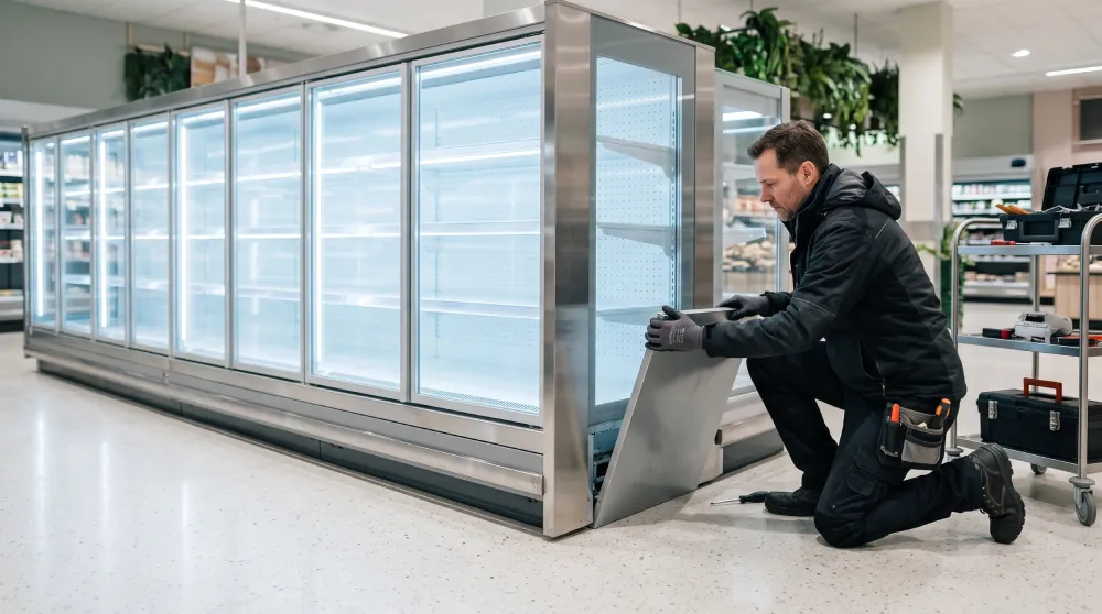 Technician kneeling to service a refrigerated display case in a store