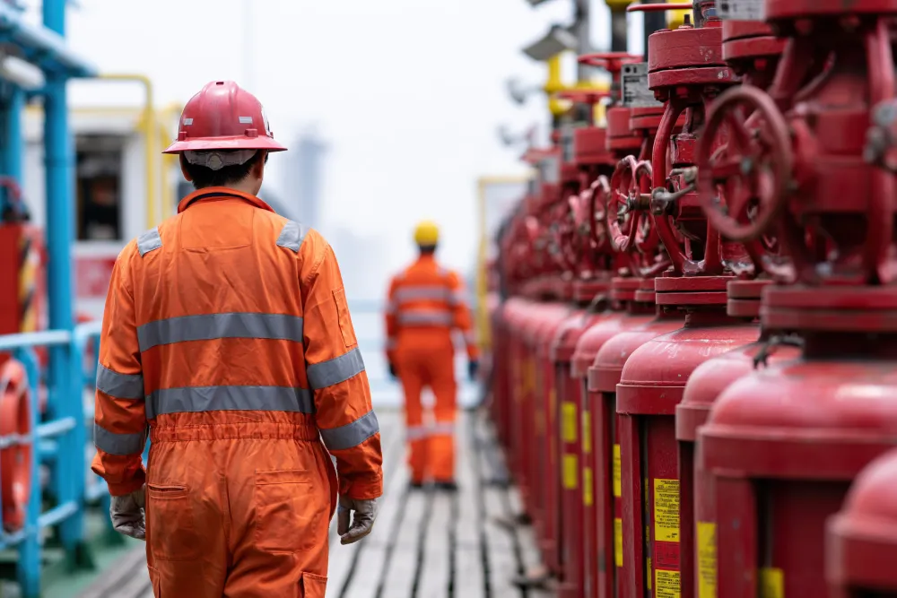 Worker in orange coveralls walking past red fire suppression valves on a vessel deck