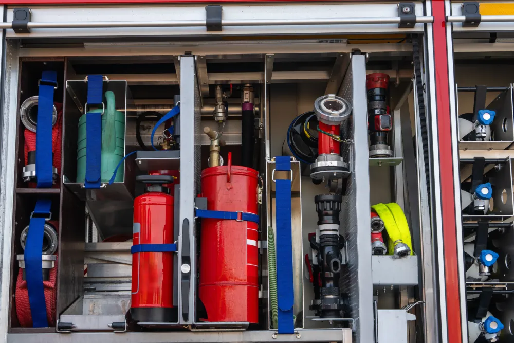 Fire truck equipment compartment with extinguishers and hose fittings