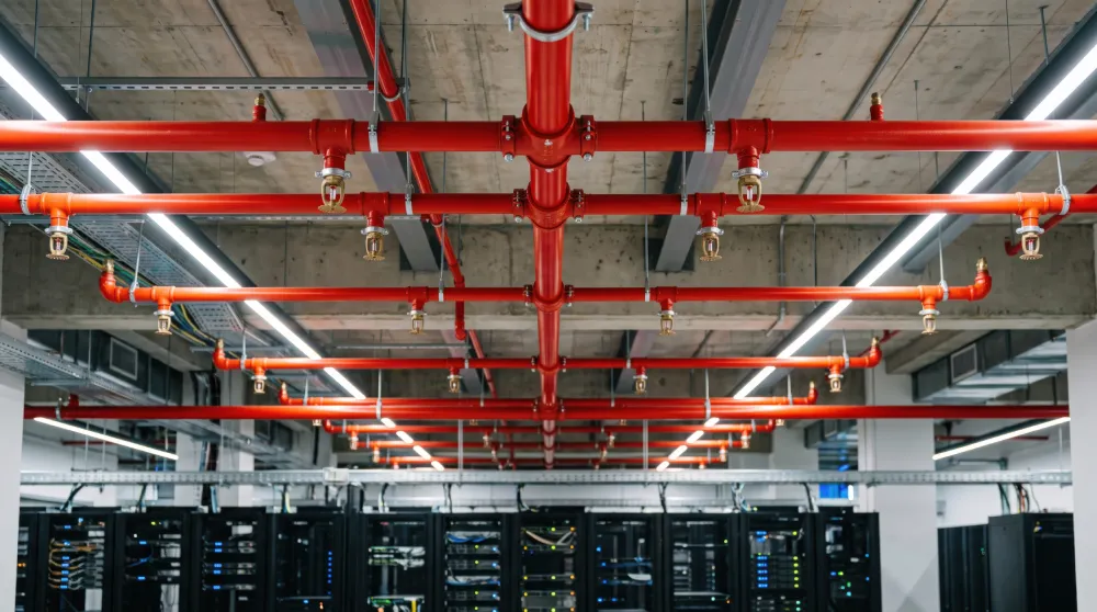 Red fire sprinkler pipes with pendant sprinkler heads above server racks in a data center