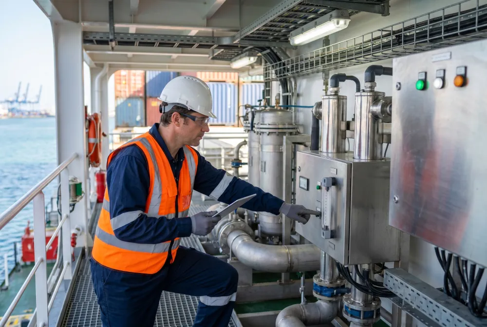 Worker in a hard hat and safety vest servicing equipment aboard a ship