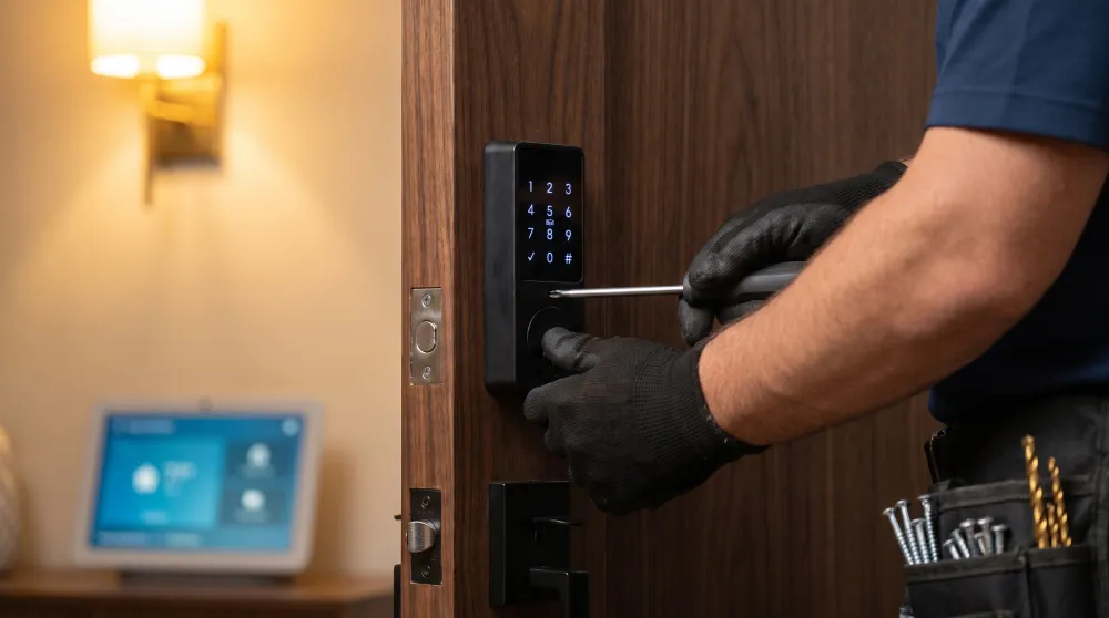 Technician installing a keypad door lock