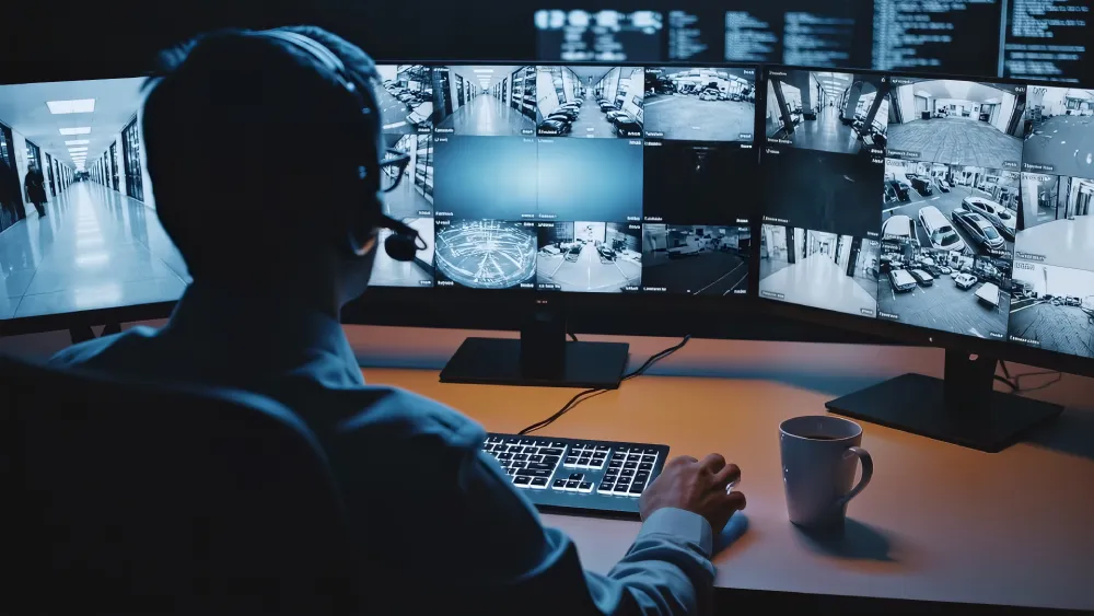 Security operator watching multiple camera feeds on monitors