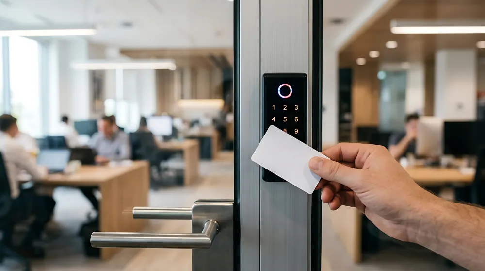 Key card held up to a door access reader in an office