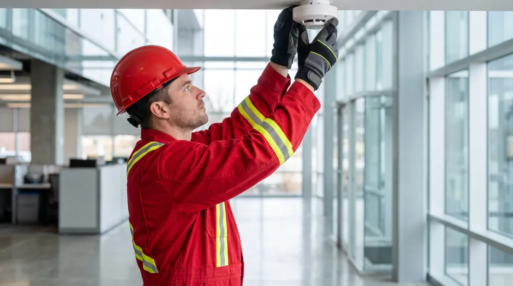 Technician in a hard hat inspecting overhead fire protection equipment